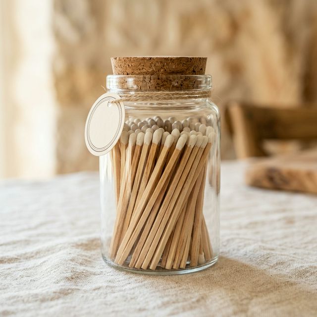 Fósforos artesanales de madera larga en frasco de vidrio con tapa de corcho