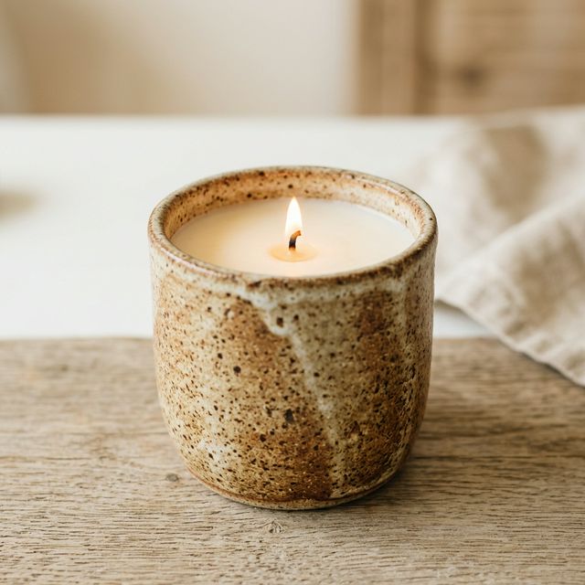 Set de vela aromática de vainilla con portavela de cerámica artesanal
